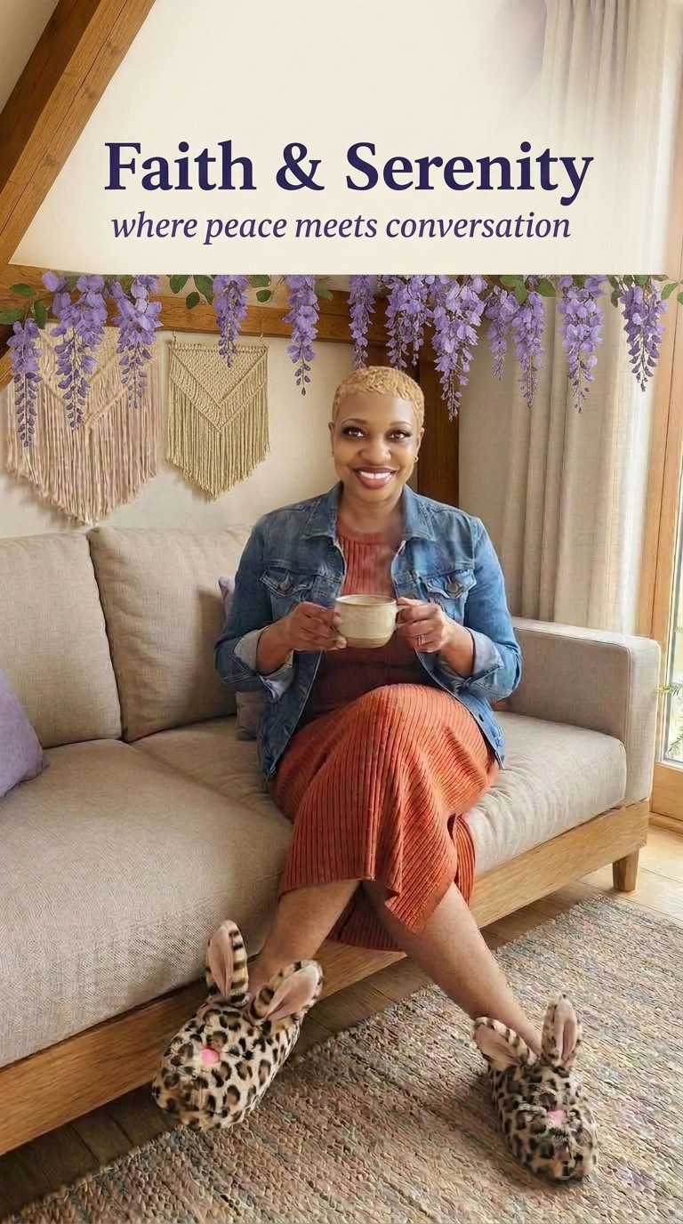 Serenity — the voice, cozy and at home in her leopard slippers