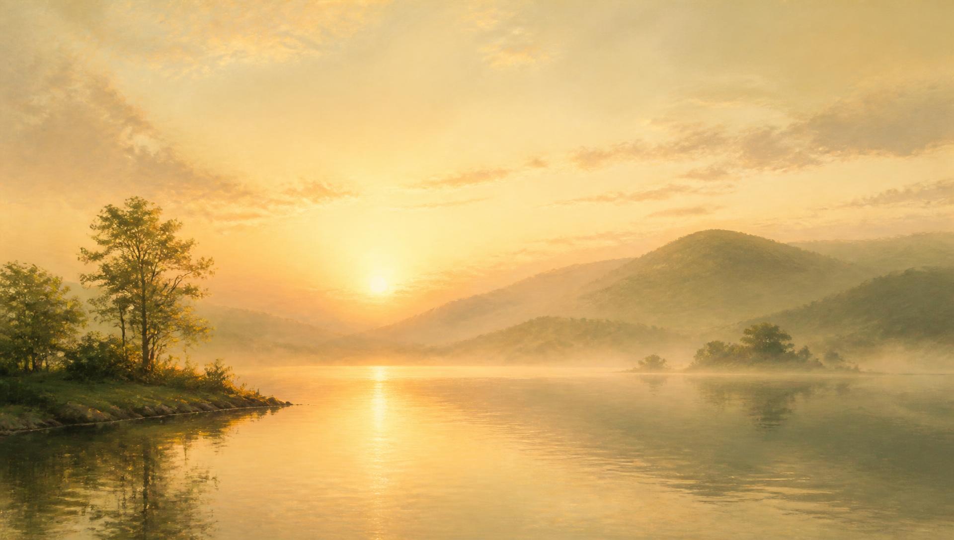 Golden sunrise over still water
