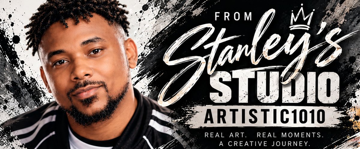 Faith at his art table with brushes and paints, under the words From Stanley's Studio, Real Art. Real Moments.